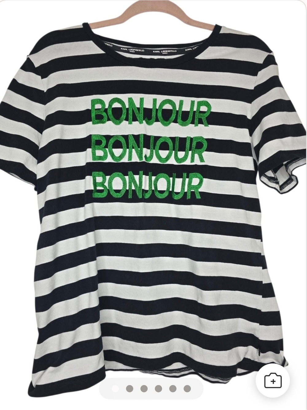 Karl Lagerfeld Black and White Striped "Bonjour" Tee with Green Embroidery